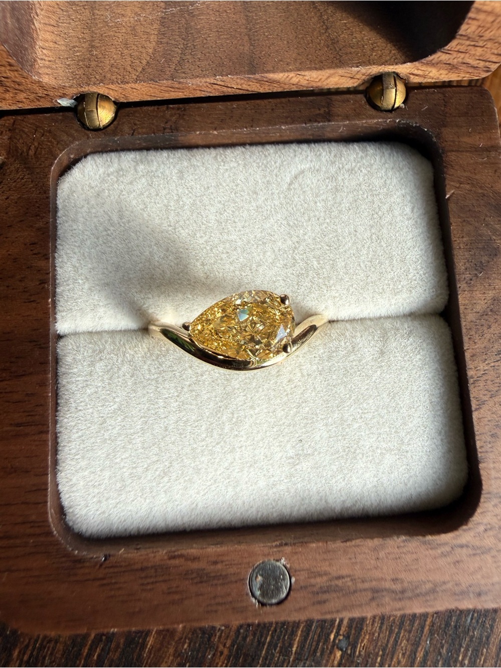 1.48Ct Fancy Vivid Yellow Pear Lab Diamond Ring 14K Gold Wave Silhouette Setting